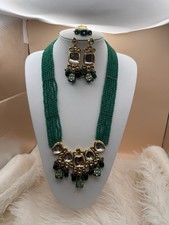 Indian Kundan Green Mala Set With Earrings And Tikka For Women