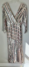 RIXO Small Tyra Sequin Stripe Midi Dress Side Slit V Neck Party Formal