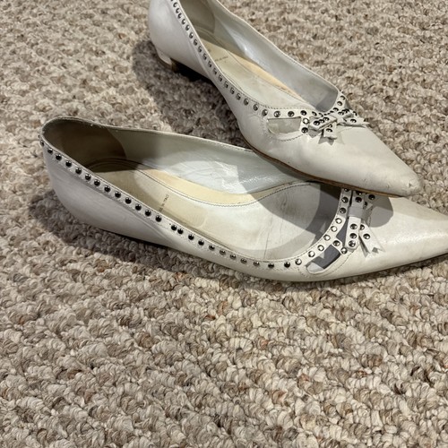 PRADA Studded Pointed Toes Leather Ballet Flat Shoes White Size 39 US 9 - Picture 7 of 8