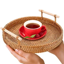 Rattan Tray 8.7 Inch Round Woven Serving Basket with Handles Decorative Tray