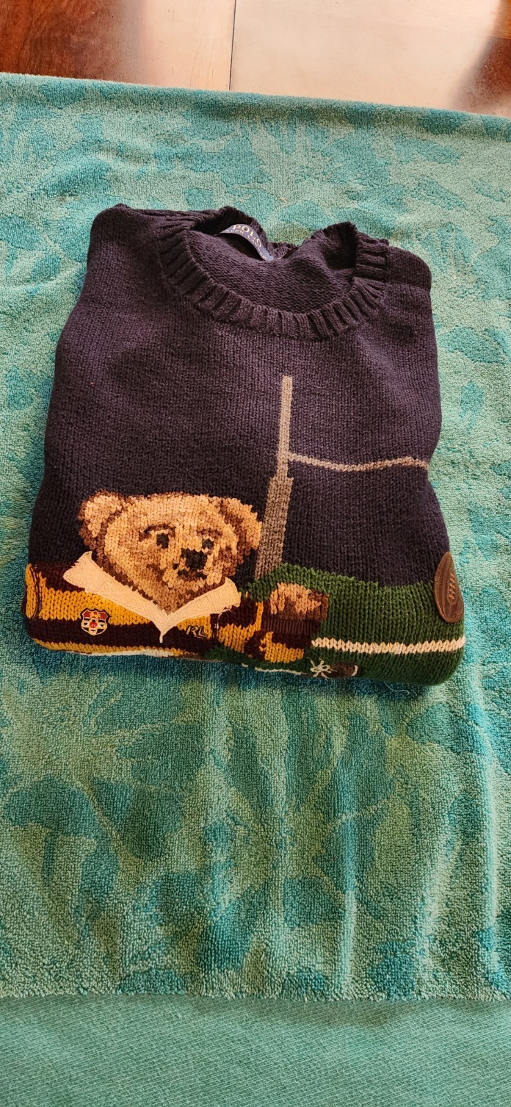 Polo Ralph Lauren Rugby Iconic Polo Bear Football Knit Sweater Mens SZ XL Rare image 2