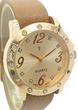 Gold Tone Women's Watch Crystal Bezel Champagne Dial Brown Strap New Battery