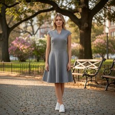 Mm.lafleur Dress 10 Womens Gray Knee Length Fit & Flare Sleeveless V-Neck Cotton