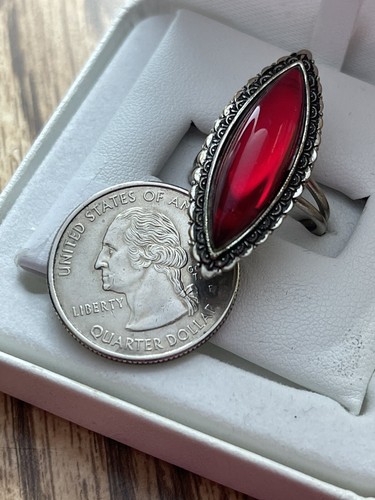Vintage Mid Century Ring rot Navette Glas Cabochon antik silberfarben filigran - Bild 2 von 14