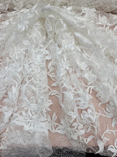 White Bridal Lace Floral Flowers Clear Sequins Mesh Fabric Sold by Yard Wedding - Picture 12 of 12