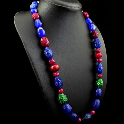 Collar genuino de cuentas de rubí, esmeralda y zafiro extraído en la tierra de 664,00 quilates JK 21E240 - Imagen 2 de 3