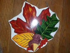  Vintage Metal Sign Hand Painted  Folk Art bright leaves on metal w chain India