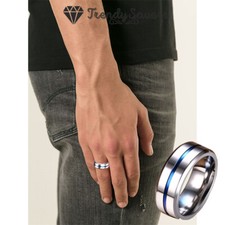 Polished Basic Wedding Band Ring Stylish Thin Blue Line Stainless Steel Silver 