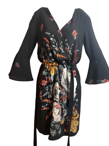 Lux 2 Dress Black Women’s Size Medium Floral Print Satin Belt 111503 Layered - Picture 12 of 14