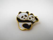 Vintage Panda Bear Pin Enamel Gold Tone Mother & Baby Cub Hugging Lapel Brooch