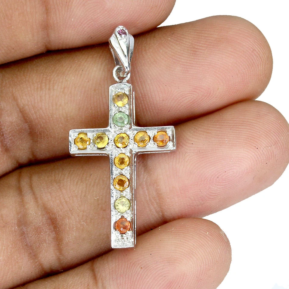 925 Argento Sterling Rotondo Zaffiro 3mm Rodolite Granato Croce Ciondolo - Immagine 2 di 4