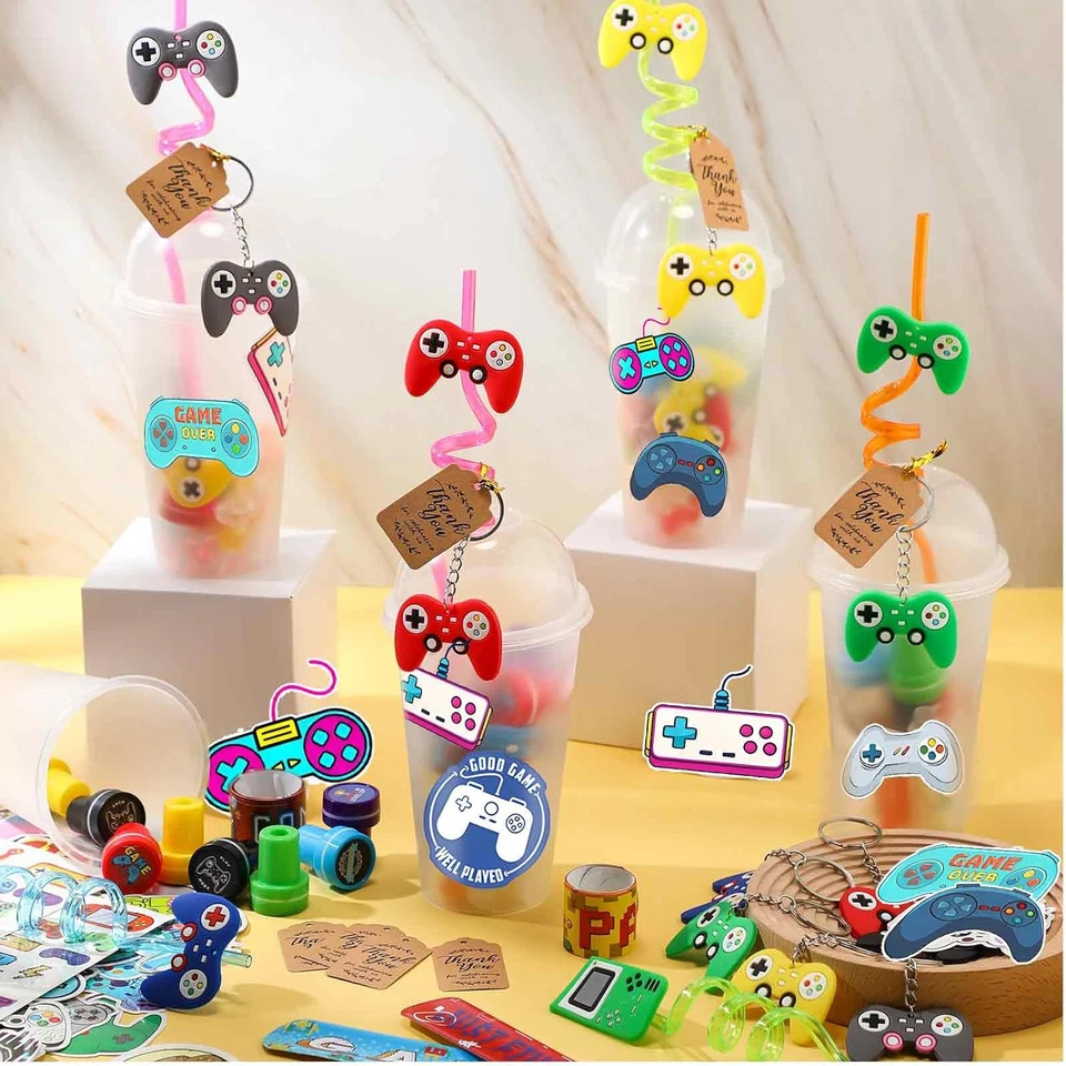 Juego de 128 piezas de regalos de fiesta de videojuegos incluye pajitas reutilizables para jugadores tazas Foto 4 de 4
