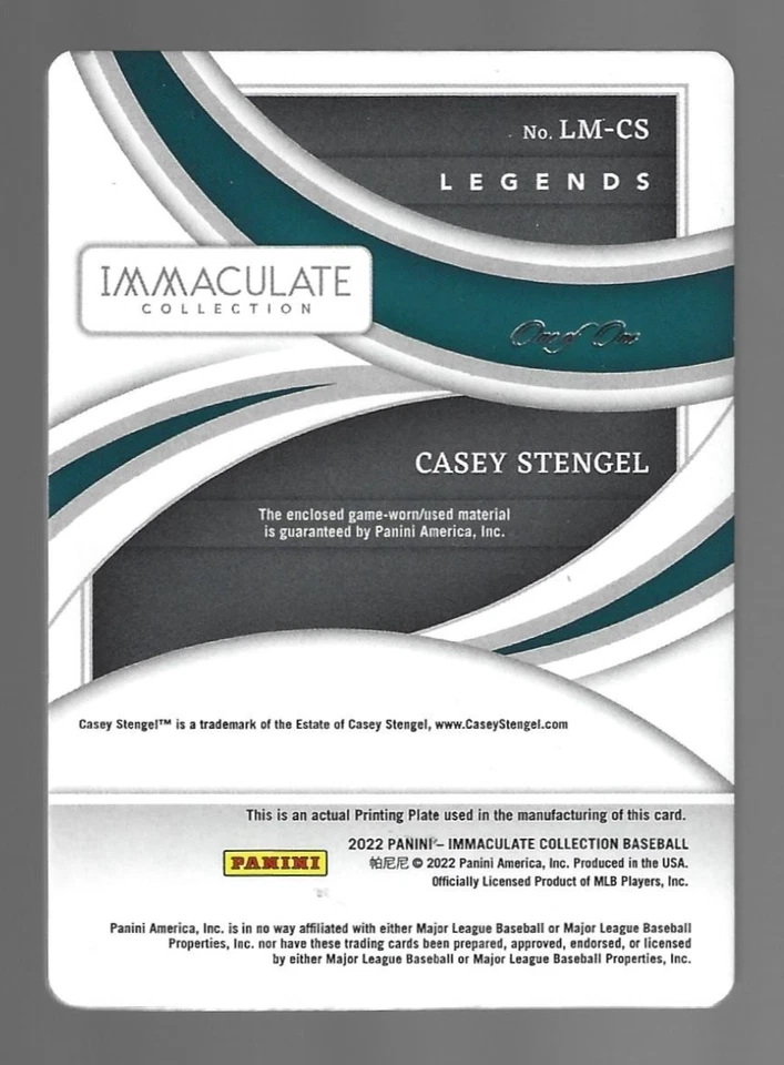 Casey Stengel 2022 Panini Colección Inmaculada Materiales Reliquias Plato 1/1 💲 Foto 3 de 3