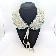 VTG Beaded Collar MCM Faux Pearl Sequins Blue Satin Leather Back Accessory 14"