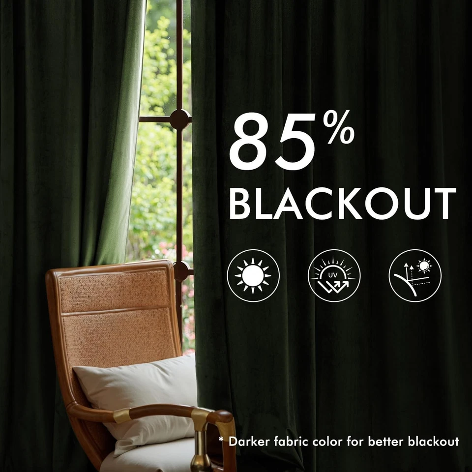 Green Velvet Curtains 96 inches Long, Pinch Pleated Blackout Drapes with Hooks, - Image 4 of 4