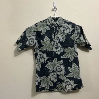 Manoa Hawaiian Aloha Shirt M Black Floral Leaves Half Button Down 100% Cotton