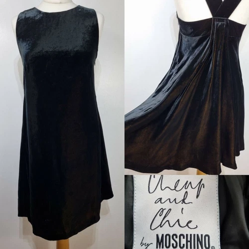 Abito Moschino economico e chic nero taglia 10 velluto babydoll svasato oro luccicante
