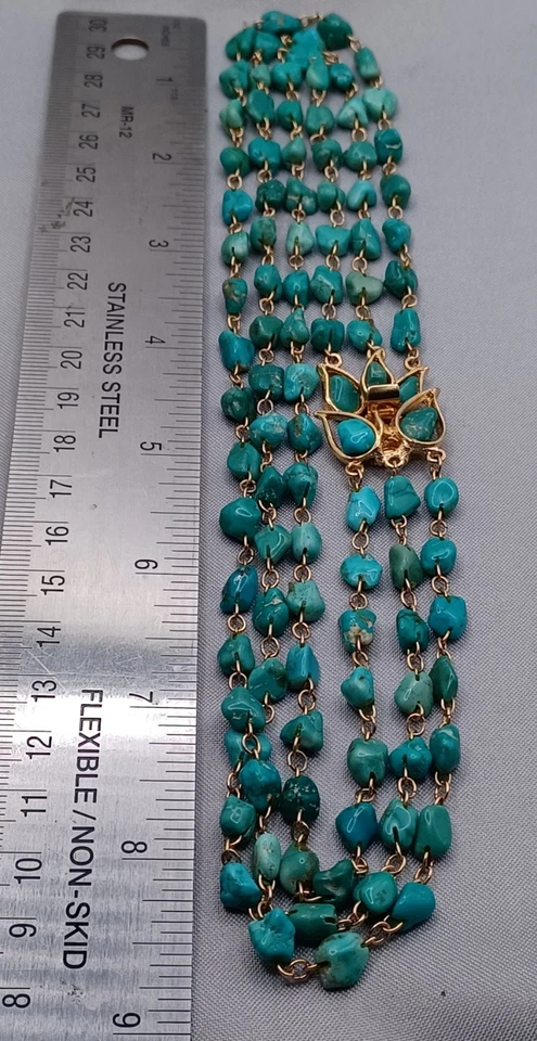 Turquoise Chip Necklace 3 Strand Gold Tone Link Decorative Box Clasp 16.5" - Image 3 of 4