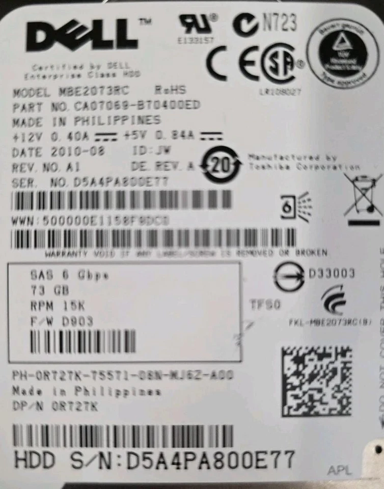 Dell 73GB R727K / 0R727K 15K-RPM SAS 2.5inch 6Gbps Toshiba Hard Drive MBE2073RC - Image 2 of 4