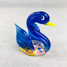 Art Glass SWAN Figurine Handmade Cobalt Millefiori Mini 1.6" Murano vs Lampwork