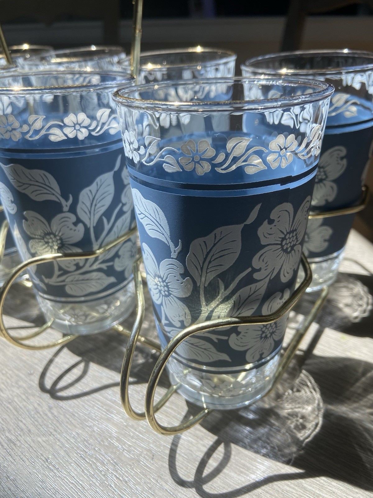 Vintage Hazel Atlas Glass Tumbler Set Of 8 w/ Wire Caddy Dogwood Floral Pattern