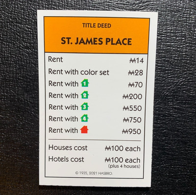 Monopoly    2021      ST JAMES PLACE      Title Deed Card