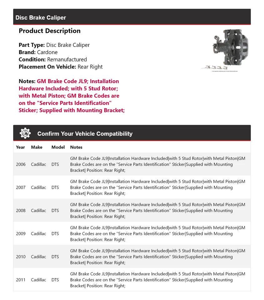 Pinça de freio a disco traseira direita Cardone 2007 2008 2009 Cadillac DTS para 2006-2011 - Imagem 2 de 4