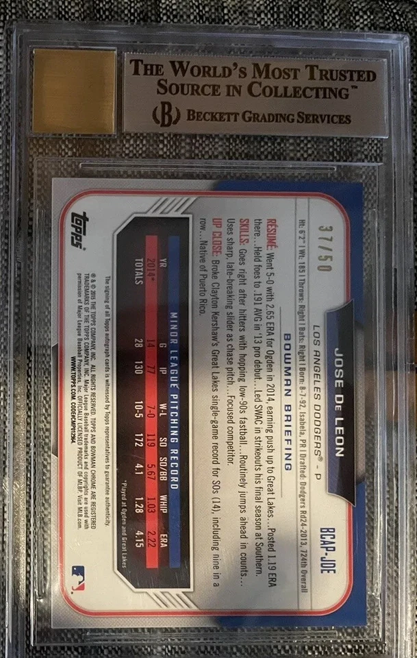 Идеальная игра! Jose De Leon 2015 Bowman Chrome золотистая переливающаяся карточка BGS 9/10 - Изображение 2 из 2