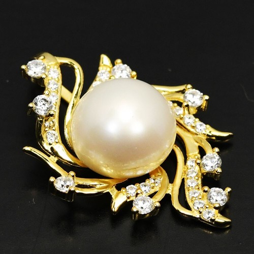 925 STERLING SILVER AAA WHITE PEARL ROUND CABOCHON & CZ FLORAL PENDANT - Picture 3 of 8