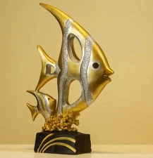NEW 15" Fish Swimming Gold-Silver Mama & Baby Resin Figurine Sculpture 15x10