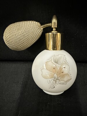 Vintage Milk Glass Perfume Atomizer Milk Glass Peach Flower Gold Leaves Unique