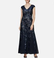Alex Evenings Navy Nude Lace Sequin Cap Sleeve Mother Bride Long Dress Size 10