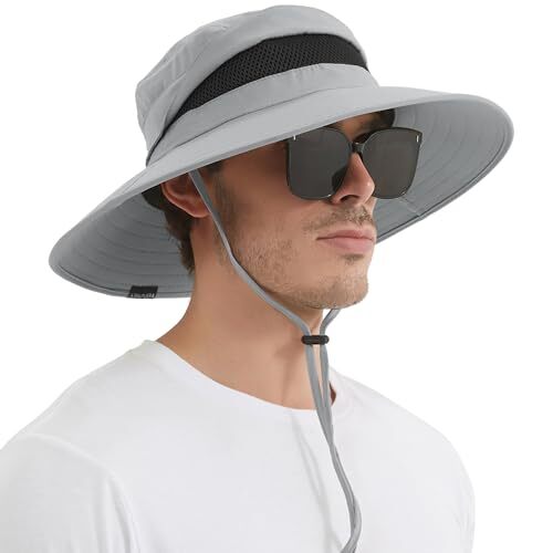 Men's Sun Hat, Rain Waterproof UV Protection Wide Brim One Size Light Grey