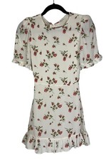 Reformation Floral Print Alaina Mini Dress Size 2 Ruffle Hem Tie Back Smocked