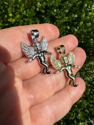 Micro Angel Pendant Iced CZ Solid 925 Silver Gold Plated Necklace