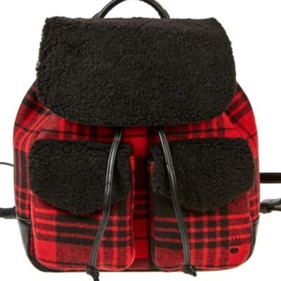 #BEARPAW Faux Shearling Trim Drawstring Backpack Red
