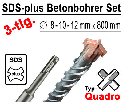 SDS-plus Betonbohrer Set 3-tlg Quadro Bohrer Hammerbohrer 8mm 10mm 12mm x 800mm