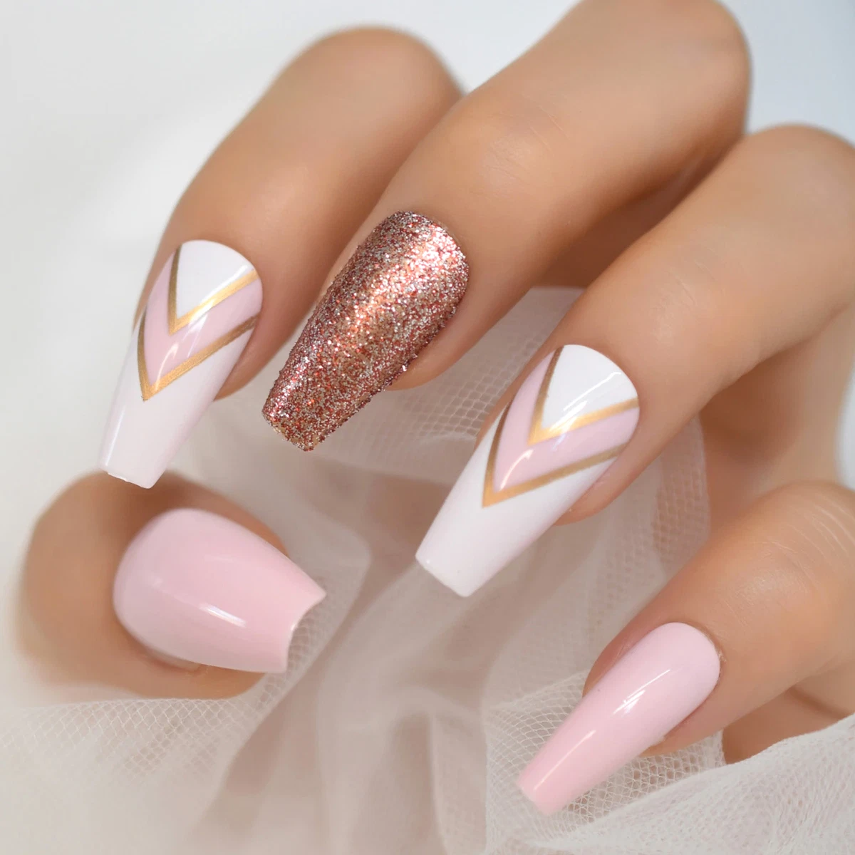 MEDIUM COFFIN DAY DREAMER Glitter Pink gold Full Cover 24 Nail Tips Glue Set