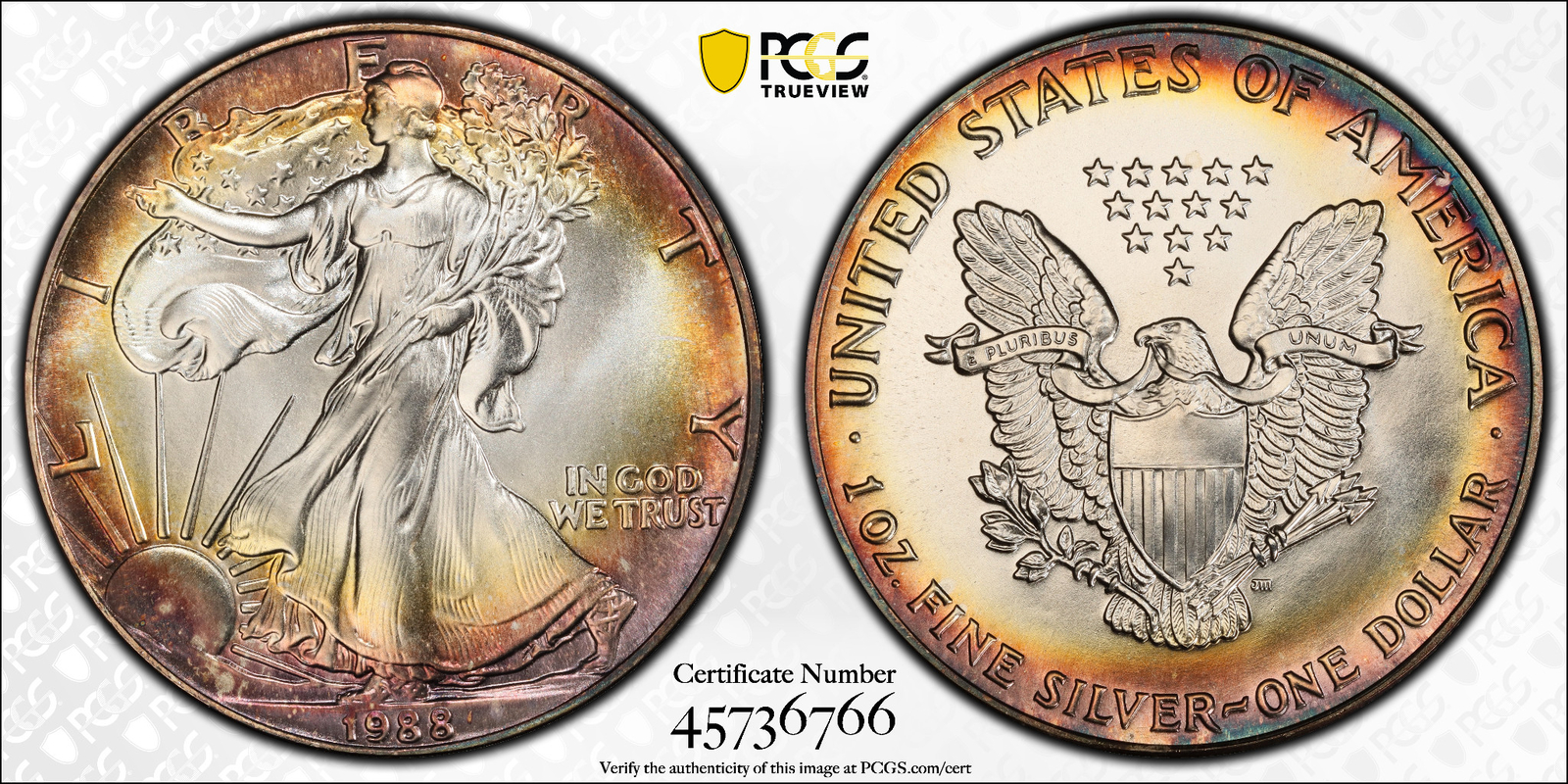 1988 Rainbow Toned American $1 Silver Eagle 1 oz. Fine 999 PCGS MS67 ...