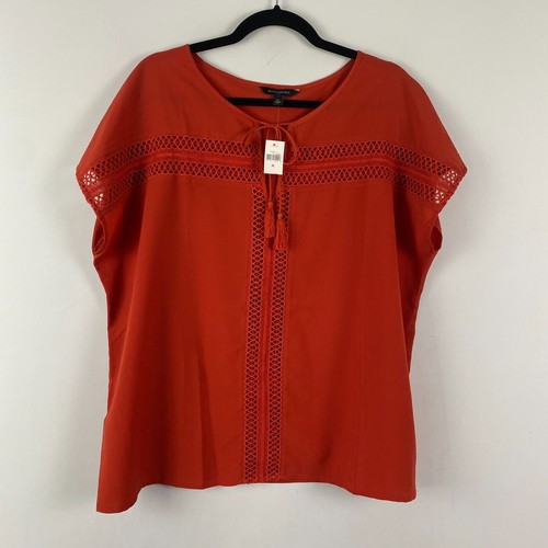 Banana Republic Blouse Size XL Red Tassel Embroidered Short Sleeve Popover
