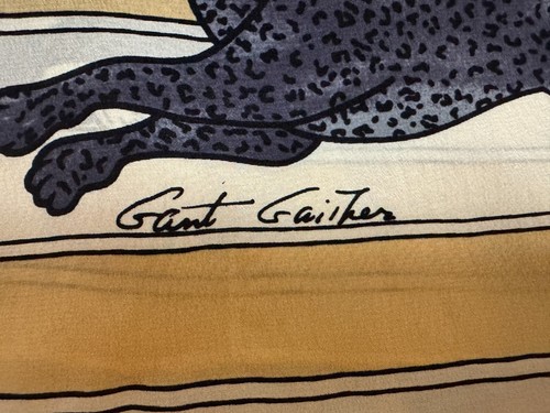 GANT GAITHER Vintage Silk Scarf Hand Rolled Black Leopard Yellow Ivory Chain - Picture 10 of 11