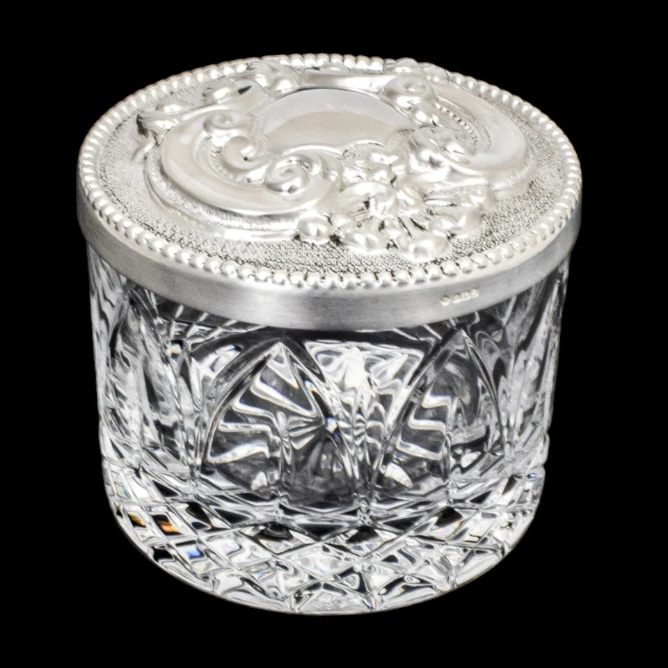 Vintage Carrs plata esterlina Atlantis cristal redondo tocador tocador caja Foto 2 de 4