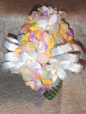 NEW 5" Artificial Pastel Rainbow Rose Wrist Corsage W/Pearl Accents Silver Bow
