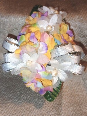 NEW 5'' Artificial Pastel Rainbow Rose Wrist Corsage W/Pearl Accents Silver Bow