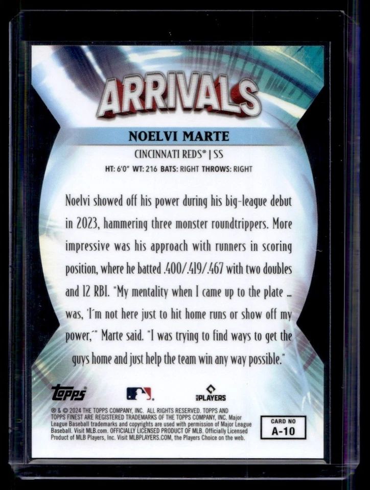 2024 Topps Finest Arrivals Green Refractor Noelvi Marte RC 44/75 Cincinnati Reds - Image 2 of 2