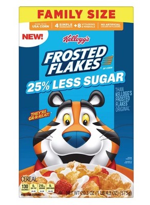   New Family Size Kellogg's Frosted Flakes 25% Less Sugar Corn Cereal 20.3oz