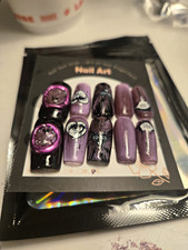 3D Gothic Full Cover Long Coffin Artificial Nails Tips Set, Multicolor