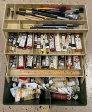 Gros lot de brosses et caddie vintage Rembrandt peintures à l'huile Liquitex et Marx Loew Cornell