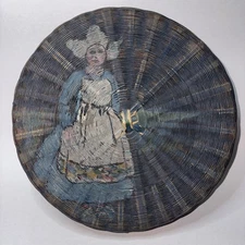 Vintage Wicker Sewing Basket Hand Painted Dutch Girl Blue Circle 10”x2”
