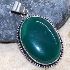 925 Silver Plated Green Onyx Pendant 1.6" Bold Look Jewelry AU n283